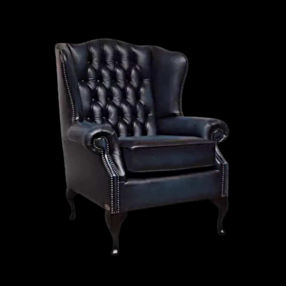 Fauteuil Queen Anne flat wing in authentic blue Rundleder